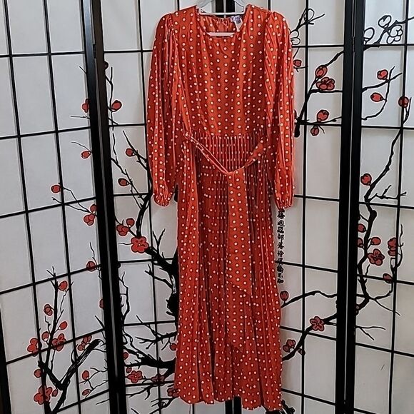 Eien Orange Polka Dot Full length Pleated Dress - Picture 1 of 12